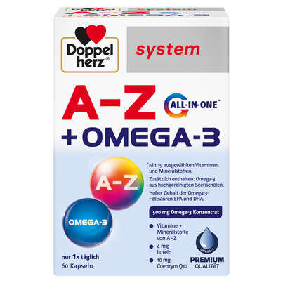 Sie sehen eine Packung Doppelherz system A-Z + OMEGA-3 mit 19 ausgewählten Vitaminen und Mineralstoffen, Produktbild: 01 Doppelherz system A-Z + OMEGA-3 mit 19 ausgewählten Vitaminen und Mineralstoffen, A-Nr.: 5721017 - 01