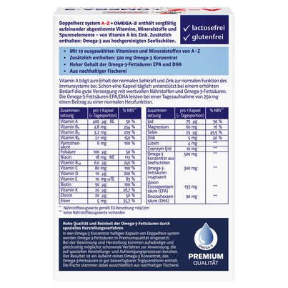 Sie sehen eine Packung Doppelherz system A-Z + OMEGA-3 mit 19 ausgewählten Vitaminen und Mineralstoffen, Produktbild: 04 Doppelherz system A-Z + OMEGA-3 mit 19 ausgewählten Vitaminen und Mineralstoffen, A-Nr.: 5721000 - 04
