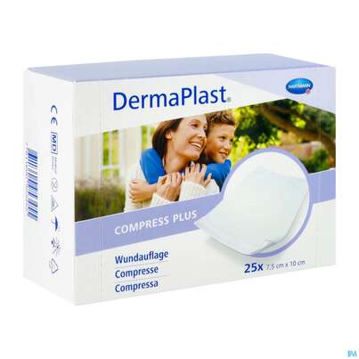 Sie sehen eine Packung Dermaplast Compress Plus 7,5x10cm 25st, Produktbild: 02 Dermaplast Compress Plus 7,5x10cm 25st, A-Nr.: 4358342 - 02