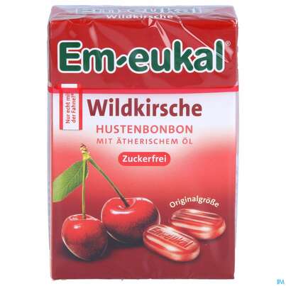 Sie sehen eine Packung Em-eukal Bonbons Zuckerfrei Wildkirsche Box 50g, Produktbild: 01 Em-eukal Bonbons Zuckerfrei Wildkirsche Box 50g, A-Nr.: 5334869 - 01