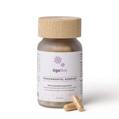 Sie sehen eine Packung Tigofem Frauenmantel Komplex Kapseln, Produktbild: 01 Tigofem Frauenmantel Komplex Kapseln, A-Nr.: 5758730 - 01