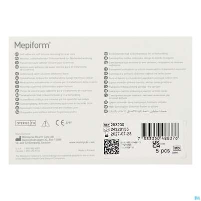 Sie sehen eine Packung Wundverband Mepiform Silikonverband Selbsthaftend 5x 7,5cm 1st, Produktbild: 03 Wundverband Mepiform Silikonverband Selbsthaftend 5x 7,5cm 1st, A-Nr.: 2302610 - 03