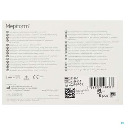 Sie sehen eine Packung Wundverband Mepiform Silikonverband Selbsthaftend 5x 7,5cm 1st, Produktbild: 04 Wundverband Mepiform Silikonverband Selbsthaftend 5x 7,5cm 1st, A-Nr.: 2302610 - 04