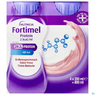 Sie sehen eine Packung Fortimel/protein 200ml 2kcal Erdbeere 4st, Produktbild: 01 Fortimel/protein 200ml 2kcal Erdbeere 4st, A-Nr.: 5833331 - 01