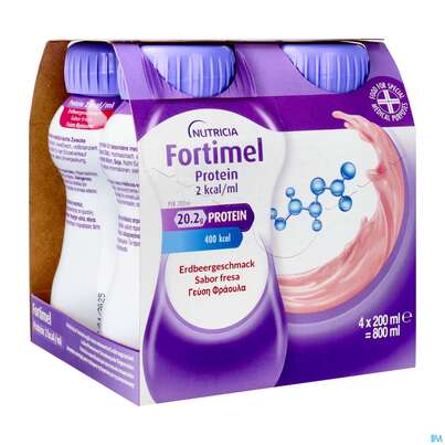 Sie sehen eine Packung Fortimel/protein 200ml 2kcal Erdbeere 4st, Produktbild: 02 Fortimel/protein 200ml 2kcal Erdbeere 4st, A-Nr.: 5833331 - 02