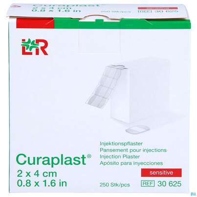 Sie sehen eine Packung Injektionspflaster Curaplast 2x 4cm 250st, Produktbild: 01 Injektionspflaster Curaplast 2x 4cm 250st, A-Nr.: 1430056 - 01