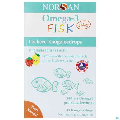 Sie sehen eine Packung Omega -3 Norsan/fisk Kids Jelly Kaugelee Drop Erdbeerzitrone 45st, Produktbild: 01 Omega -3 Norsan/fisk Kids Jelly Kaugelee Drop Erdbeerzitrone 45st, A-Nr.: 5819383 - 01