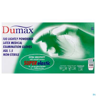Sie sehen eine Packung Untersuchungshandschuhe -dumax Latex Gepudert S 100st, Produktbild: 01 Untersuchungshandschuhe -dumax Latex Gepudert S 100st, A-Nr.: 2867950 - 01