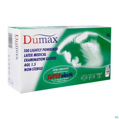 Sie sehen eine Packung Untersuchungshandschuhe -dumax Latex Gepudert Xl 100st, Produktbild: 02 Untersuchungshandschuhe -dumax Latex Gepudert Xl 100st, A-Nr.: 2995375 - 02