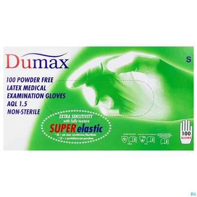 Sie sehen eine Packung Untersuchungshandschuhe -dumax Latex Puderfrei S 100st, Produktbild: 01 Untersuchungshandschuhe -dumax Latex Puderfrei S 100st, A-Nr.: 2995441 - 01