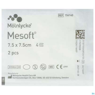 Sie sehen eine Packung Vlieskompressen Mesoft/set Steril 7,5x 7,5cm 2st, Produktbild: 01 Vlieskompressen Mesoft/set Steril 7,5x 7,5cm 2st, A-Nr.: 1652288 - 01