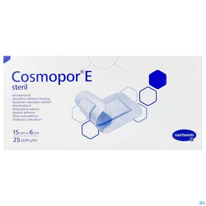 Sie sehen eine Packung Wundverband Cosmopor/e Steril Selbstklebend 6x 15cm 25st, Produktbild: 01 Wundverband Cosmopor/e Steril Selbstklebend 6x 15cm 25st, A-Nr.: 2773746 - 01