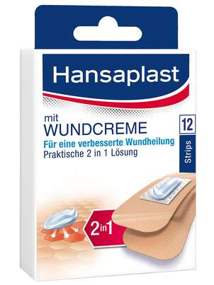 Sie sehen eine Packung Hansaplast Pflaster mit Wundcreme Strips, Produktbild: 01 Hansaplast Pflaster mit Wundcreme Strips, A-Nr.: 3273626 - 01
