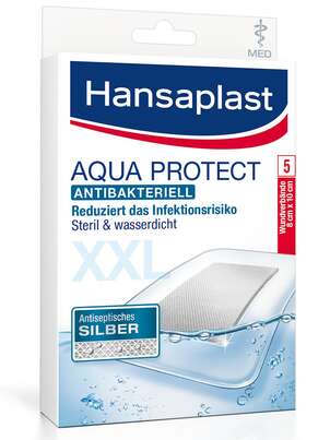 Sie sehen eine Packung Hansaplast Aqua Protect MED antibakteriell XXL, Produktbild: 01 Hansaplast Aqua Protect MED antibakteriell XXL, A-Nr.: 4176049 - 01