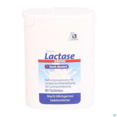 Sie sehen eine Packung Lactase Tabl 28.000 Fcc 80st, Produktbild: 06 Lactase Tabl 28.000 Fcc 80st, A-Nr.: 5296264 - 06