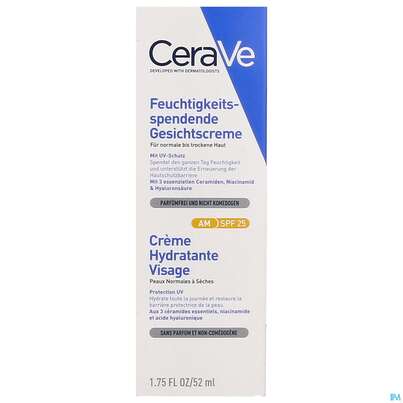 Sie sehen eine Packung Cerave Feuchtigkeitsspendende Gesichtscreme Mit Uv-schutz 52ml, Produktbild: 04 Cerave Feuchtigkeitsspendende Gesichtscreme Mit Uv-schutz 52ml, A-Nr.: 4801872 - 04
