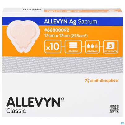 Sie sehen eine Packung Wundauflagen Allevyn Ag Sacrum Small 17x 17cm -smi 10st, Produktbild: 01 Wundauflagen Allevyn Ag Sacrum Small 17x 17cm -smi 10st, A-Nr.: 3692808 - 01