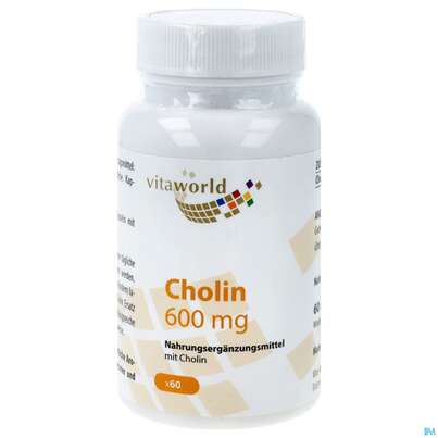 Sie sehen eine Packung Cholin Kapseln/600mg +cholin- Bitartat Bioverfuegbark. Hoch Vita World 60st, Produktbild: 01 Cholin Kapseln/600mg +cholin- Bitartat Bioverfuegbark. Hoch Vita World 60st, A-Nr.: 5608976 - 01