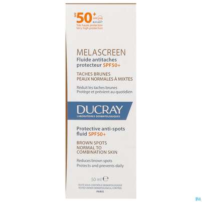 Sie sehen eine Packung Sonnenprodukte Ducray Melascreen Fluid Spf 50+ 50ml, Produktbild: 01 Sonnenprodukte Ducray Melascreen Fluid Spf 50+ 50ml, A-Nr.: 5712426 - 01