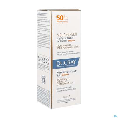Sie sehen eine Packung Sonnenprodukte Ducray Melascreen Fluid Spf 50+ 50ml, Produktbild: 02 Sonnenprodukte Ducray Melascreen Fluid Spf 50+ 50ml, A-Nr.: 5712426 - 02