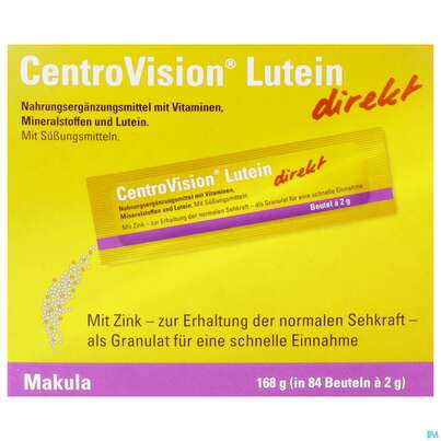 Sie sehen eine Packung Lutein Direkt Granulat Centrovision 84st, Produktbild: 01 Lutein Direkt Granulat Centrovision 84st, A-Nr.: 5275463 - 01