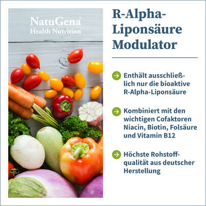 Sie sehen eine Packung NatuGena R-Alpha-Liponsäure Modulator Kapseln, Produktbild: 02 NatuGena R-Alpha-Liponsäure Modulator Kapseln, A-Nr.: 5847250 - 02