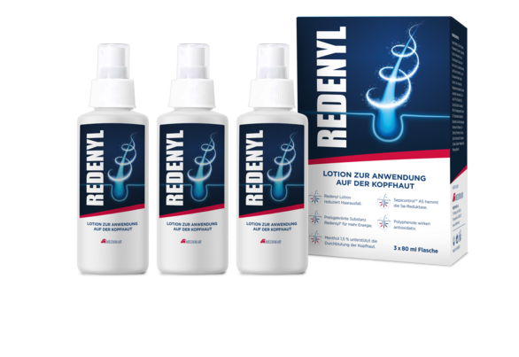 Sie sehen eine Packung Redenyl® Lotion zur Anwendung auf der Kopfhaut (3er Pkg.), Produktbild: 01 Redenyl® Lotion zur Anwendung auf der Kopfhaut (3er Pkg.), A-Nr.: 5911887 - 01