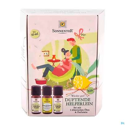 Sie sehen eine Packung Aetherische Oele Sonnentor Bio Geschenkset Duftende Helferlein 0603 1st, Produktbild: 01 Aetherische Oele Sonnentor Bio Geschenkset Duftende Helferlein 0603 1st, A-Nr.: 4579209 - 01