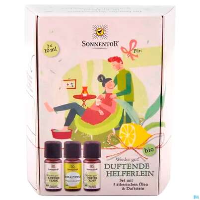 Sie sehen eine Packung Aetherische Oele Sonnentor Bio Geschenkset Duftende Helferlein 0603 1st, Produktbild: 02 Aetherische Oele Sonnentor Bio Geschenkset Duftende Helferlein 0603 1st, A-Nr.: 4579209 - 02