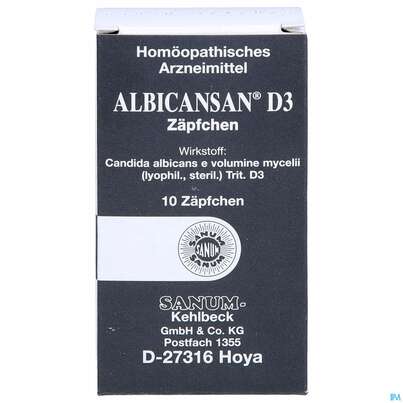 Sie sehen eine Packung Albicansan D 3 Suppositorium 10st, Produktbild: 01 Albicansan D 3 Suppositorium 10st, A-Nr.: 2396189 - 01