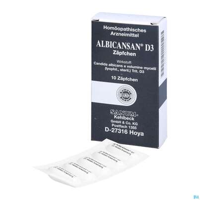 Sie sehen eine Packung Albicansan D 3 Suppositorium 10st, Produktbild: 04 Albicansan D 3 Suppositorium 10st, A-Nr.: 2396189 - 04