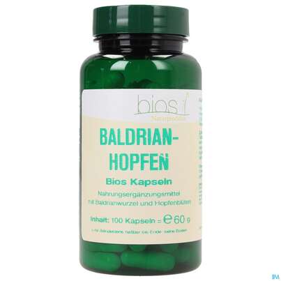 Sie sehen eine Packung Bios Baldrian-hopfen 100 Kapseln, Produktbild: 01 Bios Baldrian-hopfen 100 Kapseln, A-Nr.: 3967116 - 01