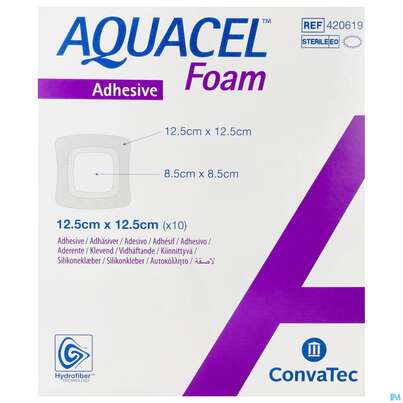 Sie sehen eine Packung Convatec Aquacel Foam (13.5x13.5 Cm) 17.5x17.5 Cm, Produktbild: 01 Convatec Aquacel Foam (13.5x13.5 Cm) 17.5x17.5 Cm, A-Nr.: 4039246 - 01