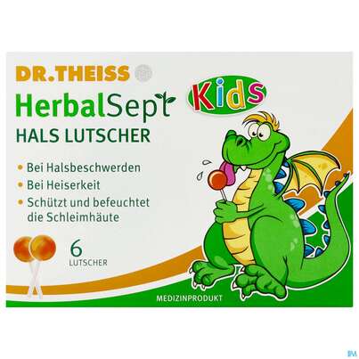 Sie sehen eine Packung Dr.theiss Herbalsept Kids Lutscher Hals 6st, Produktbild: 01 Dr.theiss Herbalsept Kids Lutscher Hals 6st, A-Nr.: 5790610 - 01