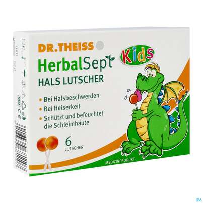 Sie sehen eine Packung Dr.theiss Herbalsept Kids Lutscher Hals 6st, Produktbild: 02 Dr.theiss Herbalsept Kids Lutscher Hals 6st, A-Nr.: 5790610 - 02
