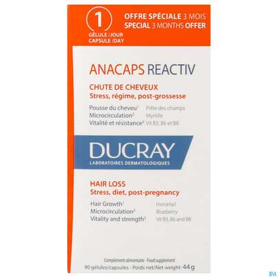 Sie sehen eine Packung Ducray Anacaps F.d.haar Haarausfall Kapseln Reaktiv23 90st, Produktbild: 01 Ducray Anacaps F.d.haar Haarausfall Kapseln Reaktiv23 90st, A-Nr.: 5744975 - 01