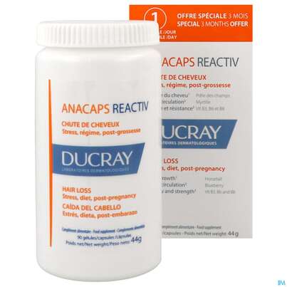 Sie sehen eine Packung Ducray Anacaps F.d.haar Haarausfall Kapseln Reaktiv23 90st, Produktbild: 08 Ducray Anacaps F.d.haar Haarausfall Kapseln Reaktiv23 90st, A-Nr.: 5744975 - 08