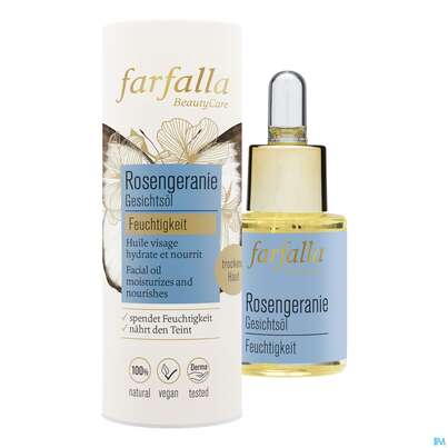 Sie sehen eine Packung Farfalla Gesichtsoel Rosengeranie Feuchtigkeit 15ml, Produktbild: 02 Farfalla Gesichtsoel Rosengeranie Feuchtigkeit 15ml, A-Nr.: 5602494 - 02