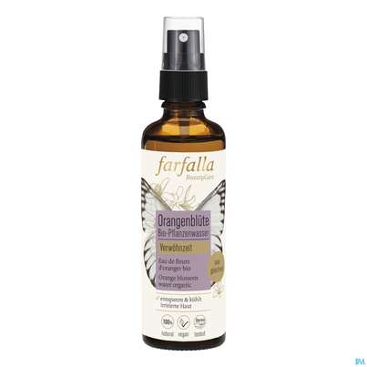 Sie sehen eine Packung Farfalla Pflanzenwasser/bio Orangenblueten Verwoehnzeit 75ml, Produktbild: 01 Farfalla Pflanzenwasser/bio Orangenblueten Verwoehnzeit 75ml, A-Nr.: 4860751 - 01