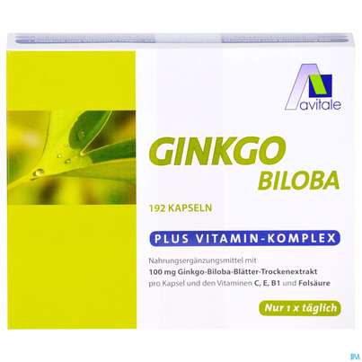 Sie sehen eine Packung Ginkgo Kapseln 100mg +b1+c+e Avi 192st, Produktbild: 01 Ginkgo Kapseln 100mg +b1+c+e Avi 192st, A-Nr.: 3831262 - 01