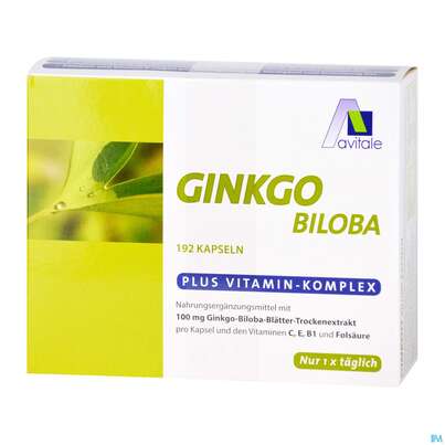Sie sehen eine Packung Ginkgo Kapseln 100mg +b1+c+e Avi 192st, Produktbild: 02 Ginkgo Kapseln 100mg +b1+c+e Avi 192st, A-Nr.: 3831262 - 02