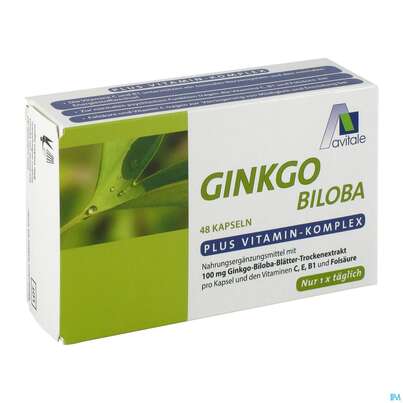Sie sehen eine Packung Ginkgo Kapseln 100mg +b1+c+e Avi 48st, Produktbild: 01 Ginkgo Kapseln 100mg +b1+c+e Avi 48st, A-Nr.: 3831256 - 01