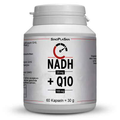 Sie sehen eine Packung NADH 20 mg + Q10 100 mg 60 Kapseln, Produktbild: 01 NADH 20 mg + Q10 100 mg 60 Kapseln, A-Nr.: 4867411 - 01