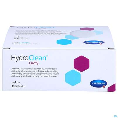 Sie sehen eine Packung Hydroclean Wundkissen Cavity Rund 4cm 10st, Produktbild: 01 Hydroclean Wundkissen Cavity Rund 4cm 10st, A-Nr.: 5310745 - 01