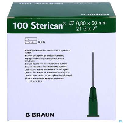 Sie sehen eine Packung Injektionsspritzen U.zubeh. Einmalkanuelen Braun Sterican Intramusk G21x2 0,80x50mm 46655 100st, Produktbild: 01 Injektionsspritzen U.zubeh. Einmalkanuelen Braun Sterican Intramusk G21x2 0,80x50mm 46655 100st, A-Nr.: 2963286 - 01