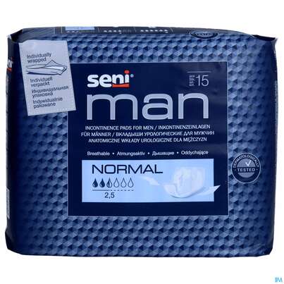 Sie sehen eine Packung Inkontinenz Einlagen Seni/man Normal 15st, Produktbild: 01 Inkontinenz Einlagen Seni/man Normal 15st, A-Nr.: 4344185 - 01
