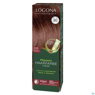 Sie sehen eine Packung Logona Haarpflege Colorcreme 220 Weinrot 150ml, Produktbild: 01 Logona Haarpflege Colorcreme 220 Weinrot 150ml, A-Nr.: 5410688 - 01