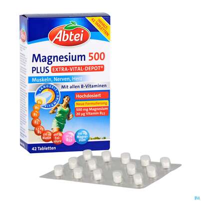 Sie sehen eine Packung Magnesium Tabl 500 Plus Abtei Extra Vital Depot 50000 42st, Produktbild: 04 Magnesium Tabl 500 Plus Abtei Extra Vital Depot 50000 42st, A-Nr.: 4797159 - 04