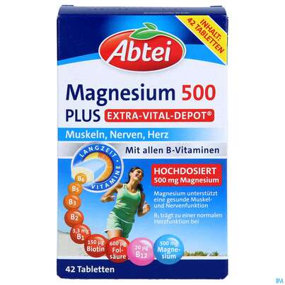 Sie sehen eine Packung Magnesium Tabl 500 Plus Abtei Titandioxidfrei 50000 42st, Produktbild: 01 Magnesium Tabl 500 Plus Abtei Titandioxidfrei 50000 42st, A-Nr.: 5720302 - 01