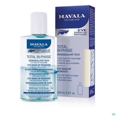 Sie sehen eine Packung Mavala Total Bi-phase-auge Augen Make Up Entferner Lotion 100ml, Produktbild: 04 Mavala Total Bi-phase-auge Augen Make Up Entferner Lotion 100ml, A-Nr.: 5576325 - 04